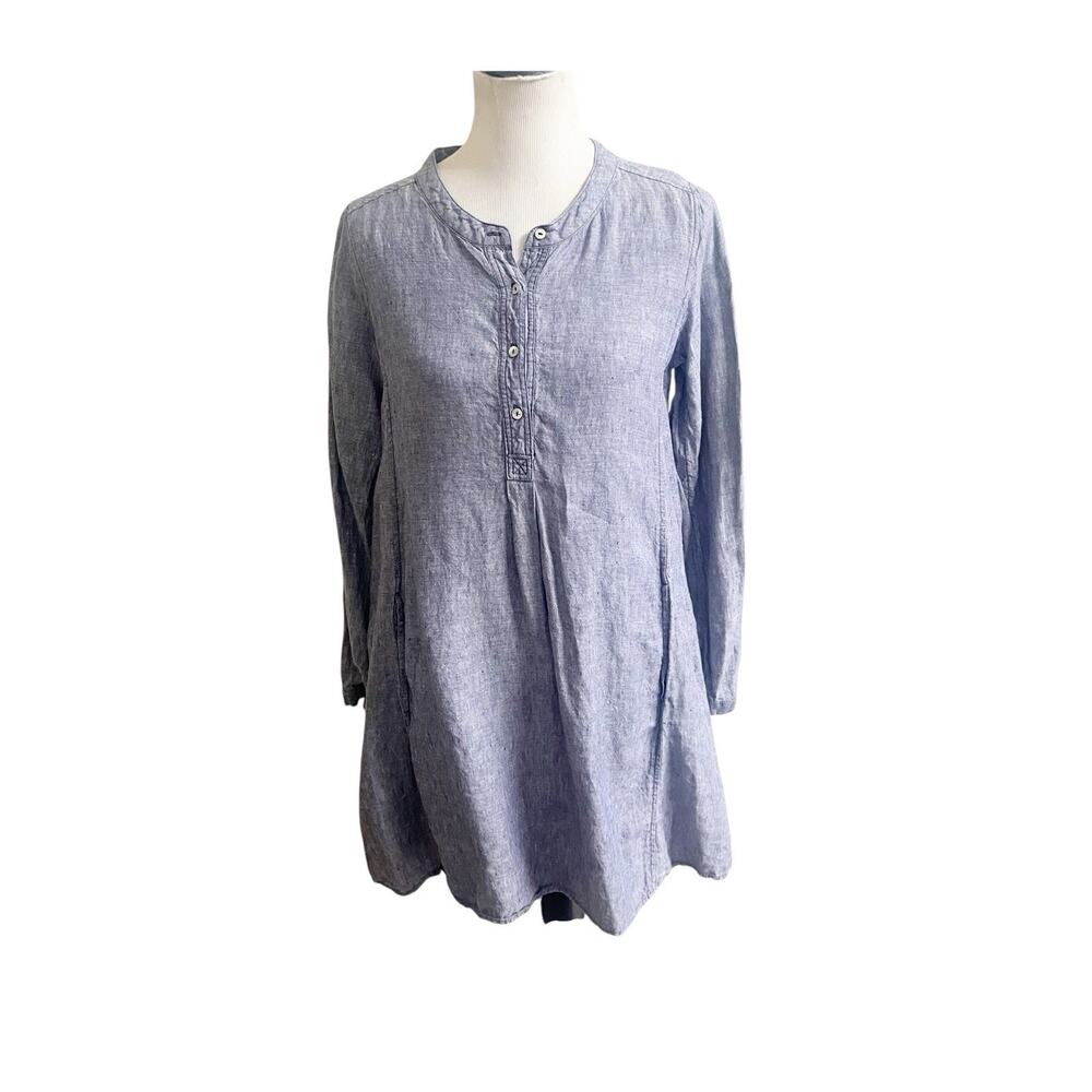 Tahari Linen Fit & Flare Dress Blue Size Small Long Sleeve Pockets Beach Coastal